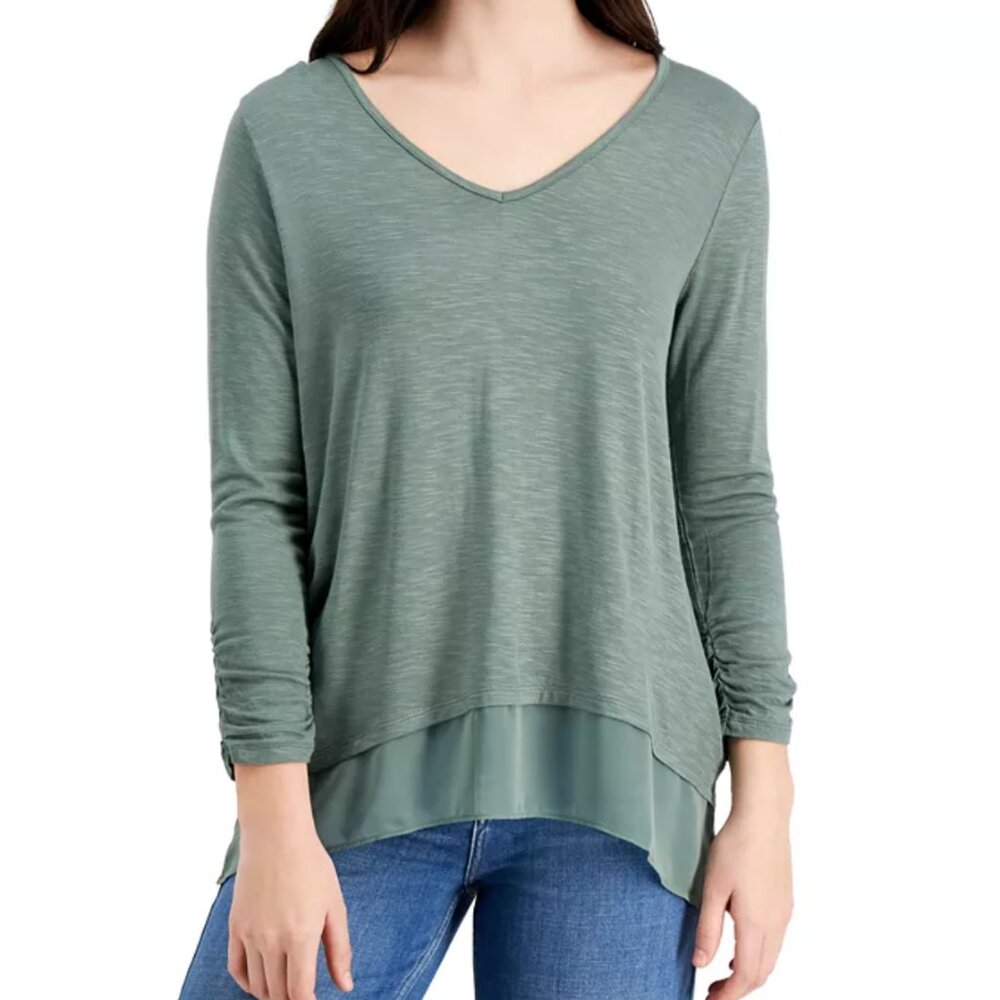 NWT Style & Co V-Neck Chiffon-Hem Top Large